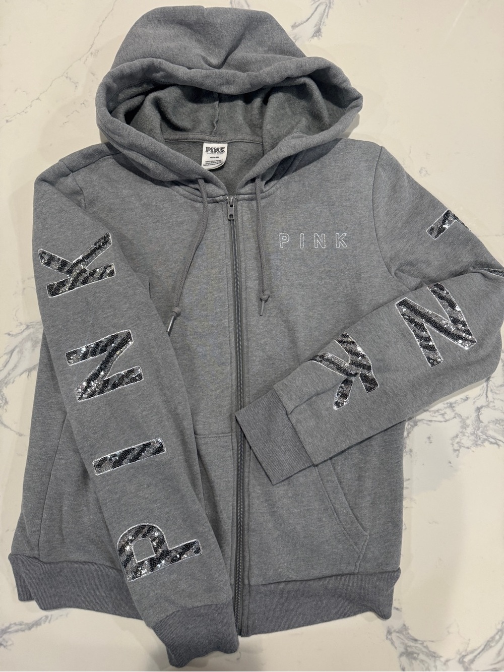 PINK Gray Zebra Print Sequin Logo Zip Hoodie